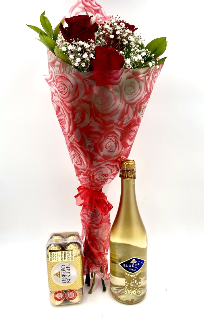 מארז פרחים, שוקולד ויין